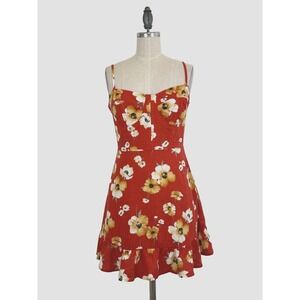 Speechless Dress S Red Floral Hawaii Tropical Bustier Linen Blend Pockets Ruffle